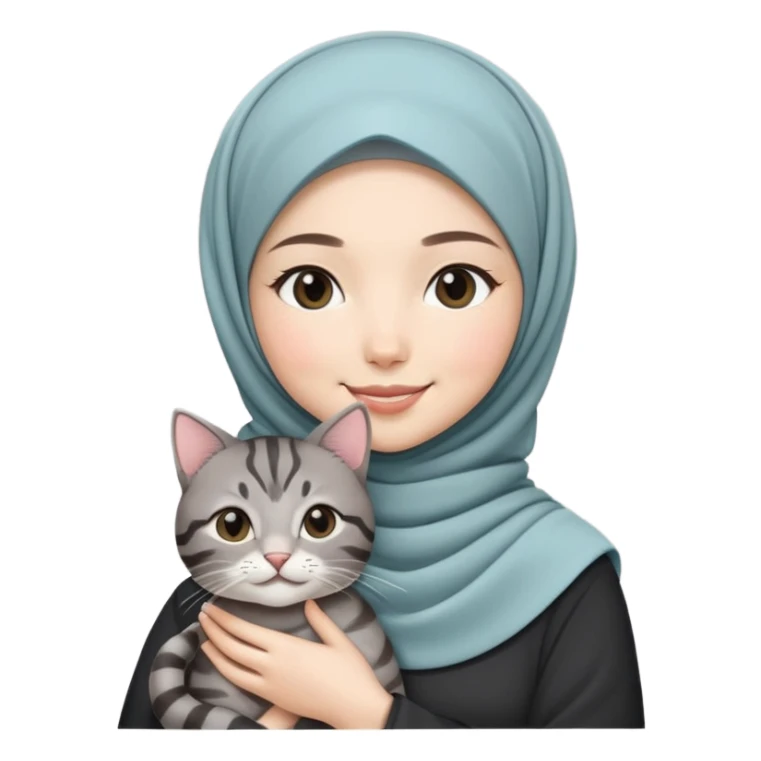 Asian White girl wearing cute hijab holding a black grey tabby cat while smiling.  sticker
