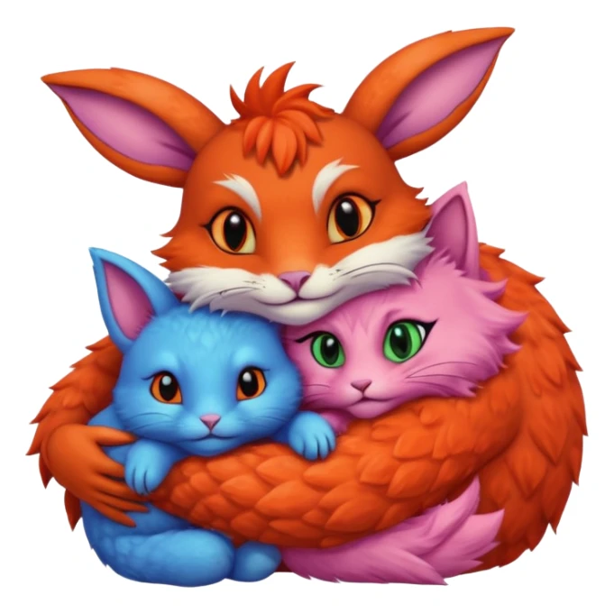 a blue bunny, a pink cat, a turtle, a fox, and baphomet hugging sticker