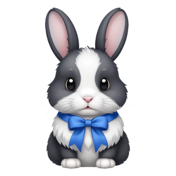 a white and black realistic domestic rabbit with a blue ribbon on its neck sticker