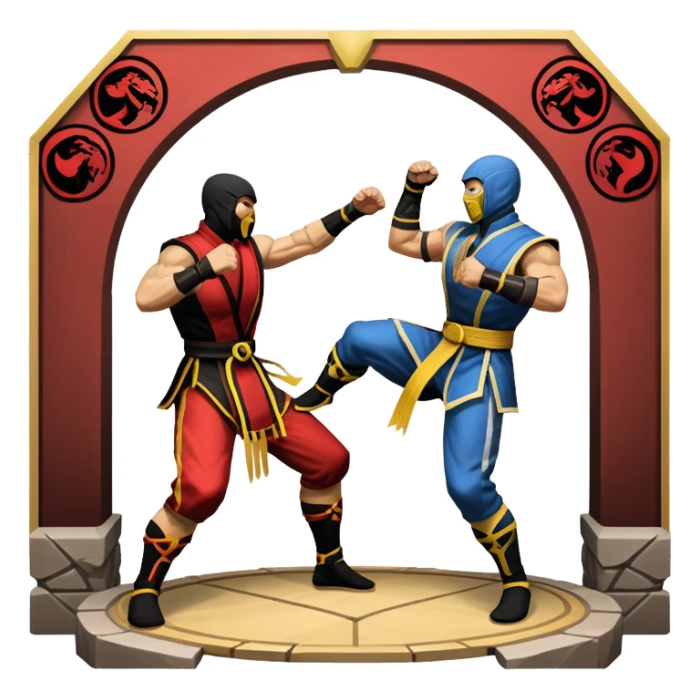 An icon showing two fighters in combat poses, inspired by Mortal Kombat. One character delivers a powerful kick, while the other blocks. The background features an iconic arena from the game with life bars at the top, symbolizing intense battles. Transparent background. sticker
