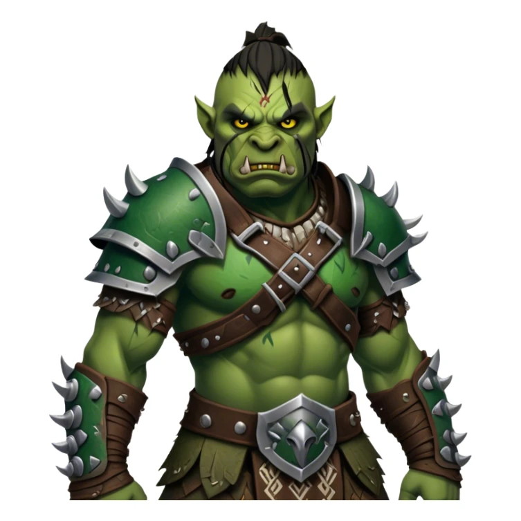 Cinematic Realistic WoW Orc Warrior Portrait, captured in a dynamic, battle-ready stance, muscles bulging beneath intricately detailed tribal armor accented with dark leather and iron. His fierce, determined eyes and battle-scarred green skin are rendered with dramatic natural lighting and high shine, exuding raw, relentless fury in a fierce combat pose. sticker