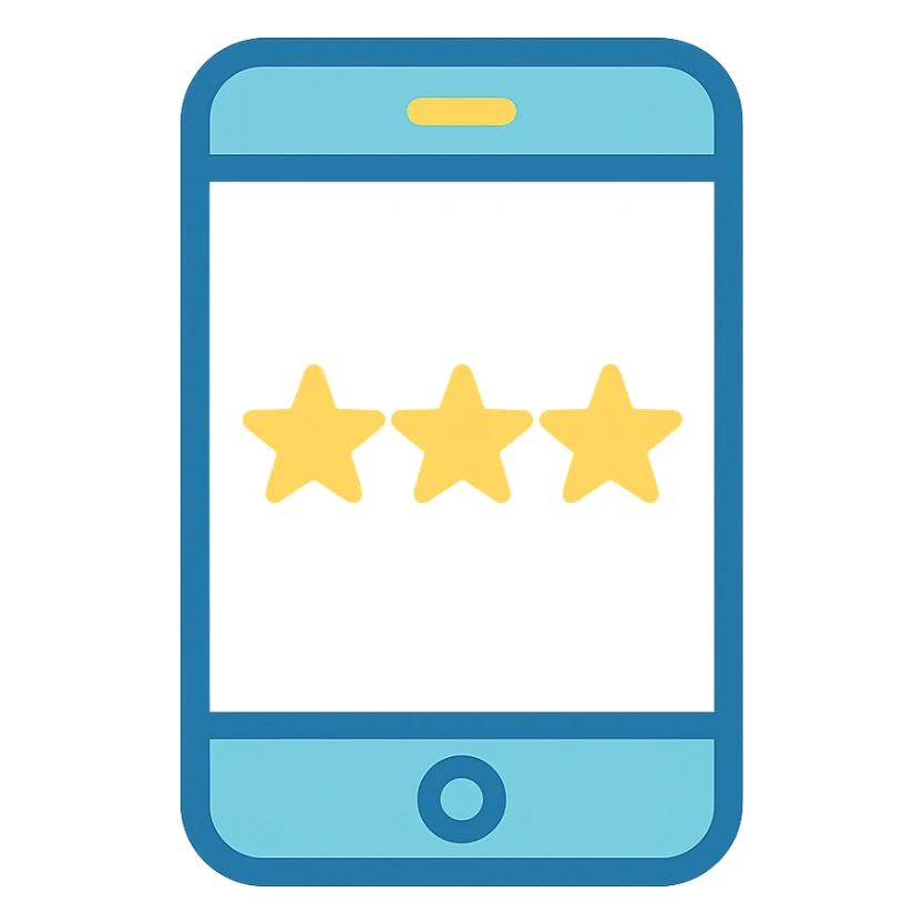 Smartphone icon with three yellow stars aligned in a row on the screen, flat emoji style, outline with blue and turquoise colors, screen filled solid white sticker