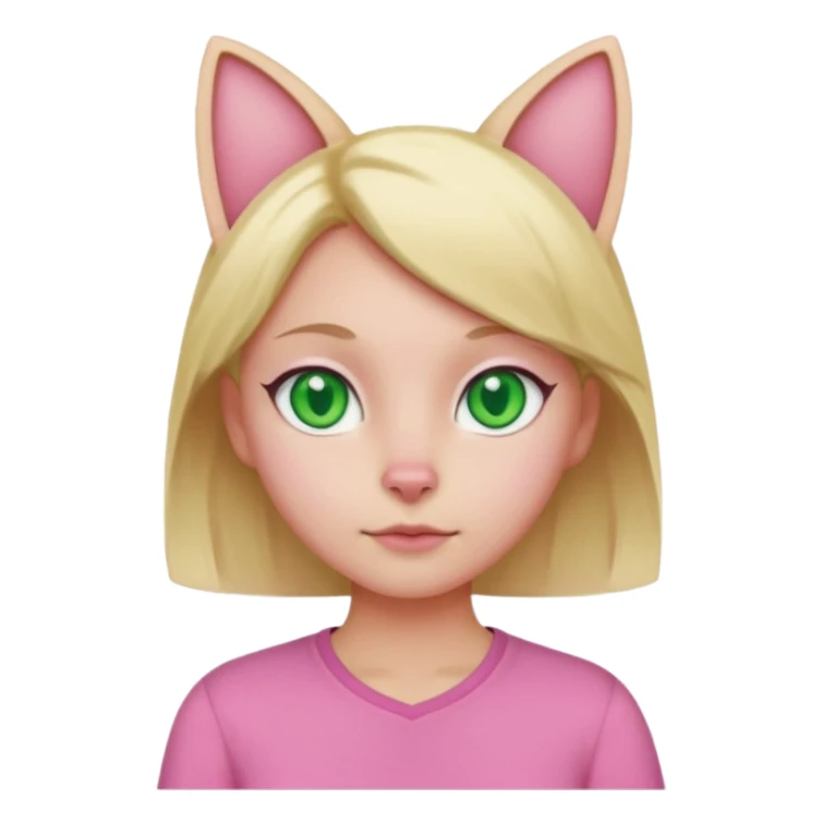 Squareded Ears Pink Skin Green Eyes Cat Shaped Pupils Heart Shaped Forehead Blonde Haired Pink Shirt  sticker