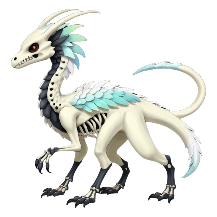 Rare realistic tribal patterned white whitish pastel colorful iridescent shiny glossy feathered skeletal badass epic handsome gorgeous aesthetic black-skulled Vernid-Trico-Sergal-Salandit-Nargacuga-species-Fakemon-creature by LiLaiRa, 4 legs, 1 tail, random markings, (full body) long ears sticker