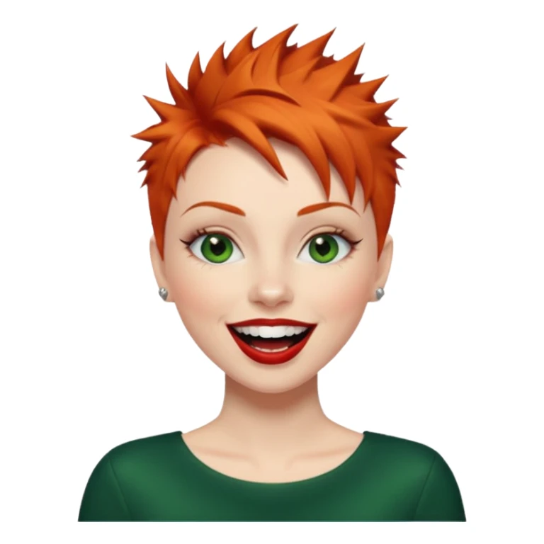 Short spikey Ginger hair, green eyes, black long eye lashes large red lips White woman laughing sticker