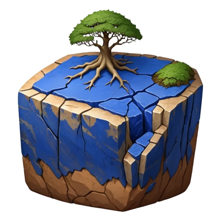 Aged two toned lapis blue terracotta Roots Stoneware akadama moss on soil irregular angular Stone Age rocks cracked crags and broken rough edges forming a very shallow Yixing slab pot sticker