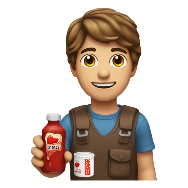 Brown haired boy holding a ketchup packet with red heart eyes  sticker