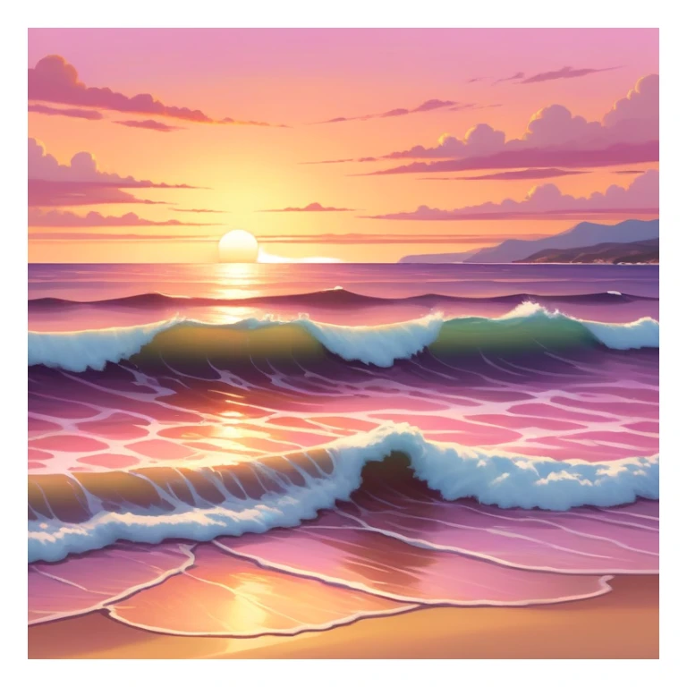 A tranquil seascape with warm-toned waves gently crashing onto the shore, bathed in the golden hues of a sunset. The sky is painted in vibrant oranges and pinks, with a serene, peaceful atmosphere and a distant horizon that adds depth to the beautiful scene. sticker