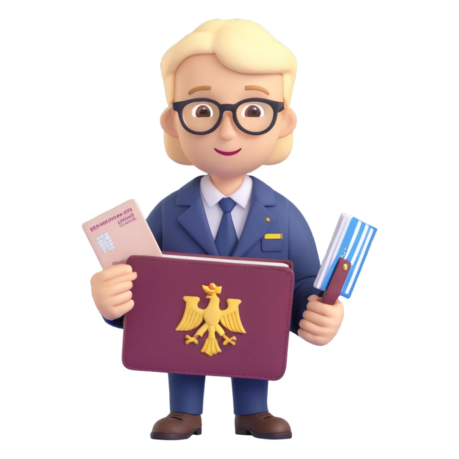 3D style inclusive neutral character with a passport and subtle German symbolism, suitable for all users, app icon sticker