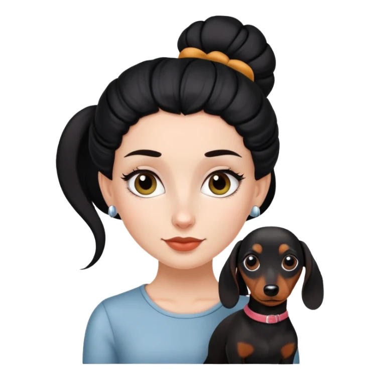 white  girl with black  bun, and a dachshund sticker