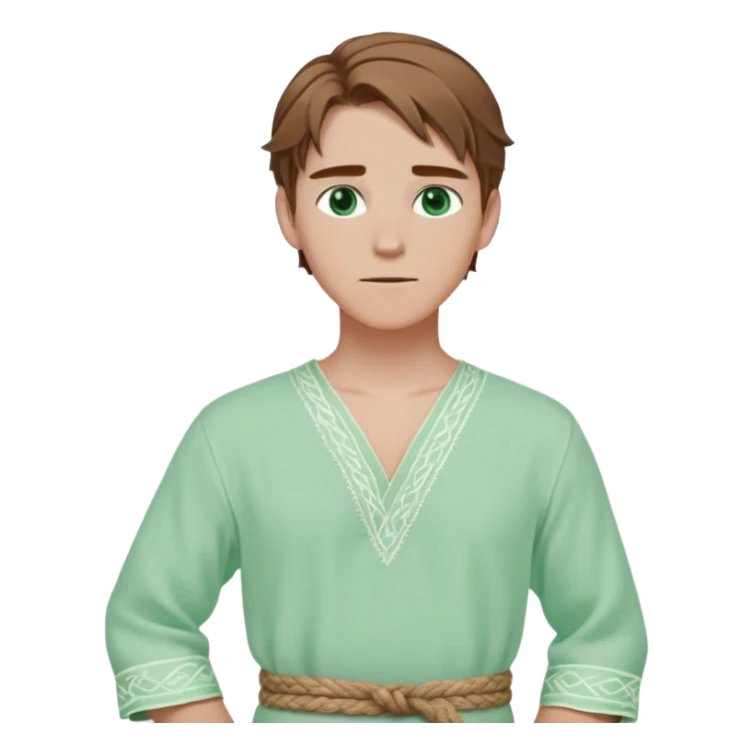 Medieval spring outfit worn by a DnD themed fantasy male character. Pale mint cotton tunic with delicate ivory embroidery at the cuffs, wrapped with a braided jute belt. Clothes only above the waist, full waist coverage. The character has no arms. Character is white-skinned with sun-kissed brown hair, sea-glass green eyes, and shoulder-length straight hair with a gentle sweep. sticker