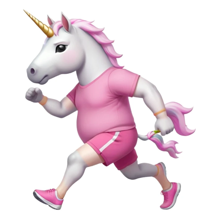 friendly anthropomorphised male white unicorn with an extra chunky, very strong and stocky build, arms and legs matching the white of the head, in grey shorts and pink t-shirt, wearing dark sunglasses, jogging upright in a standard pose sticker