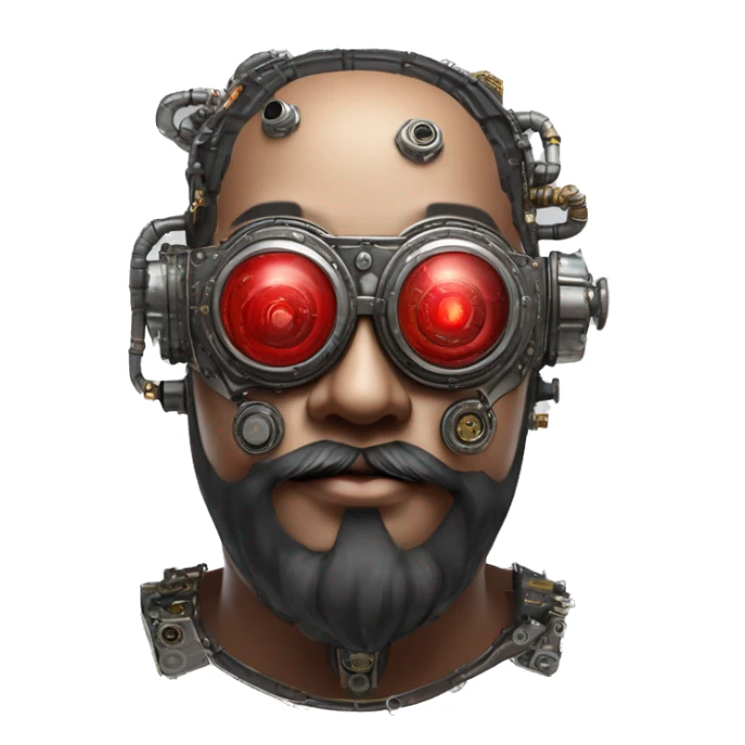 Fat cyborg head with red silver steampunk goggles, black beard and circuits sticker
