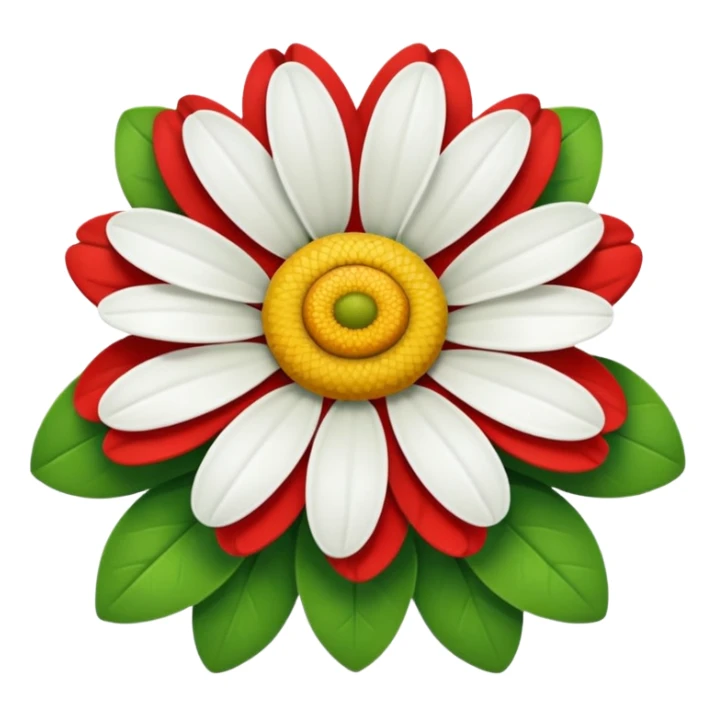 A daisy with ten petals, with green, red and white petals and a yellow centre. sticker