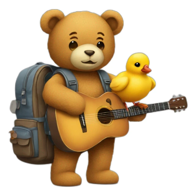 a teddy with a backpack and a guitar holding hands with a chick with a camera and art stuff sticker
