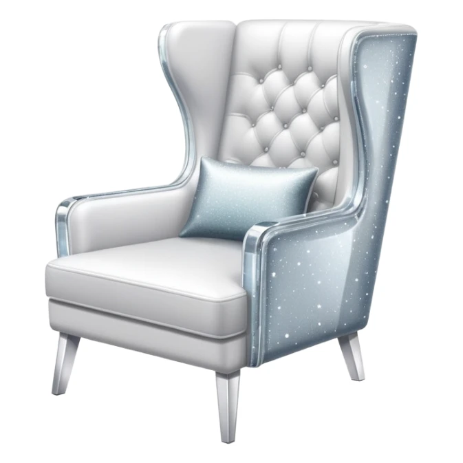 smartphone at an angle showing a clear, detailed armchair on the screen, product page layout, with sparkle effect on the left side sticker