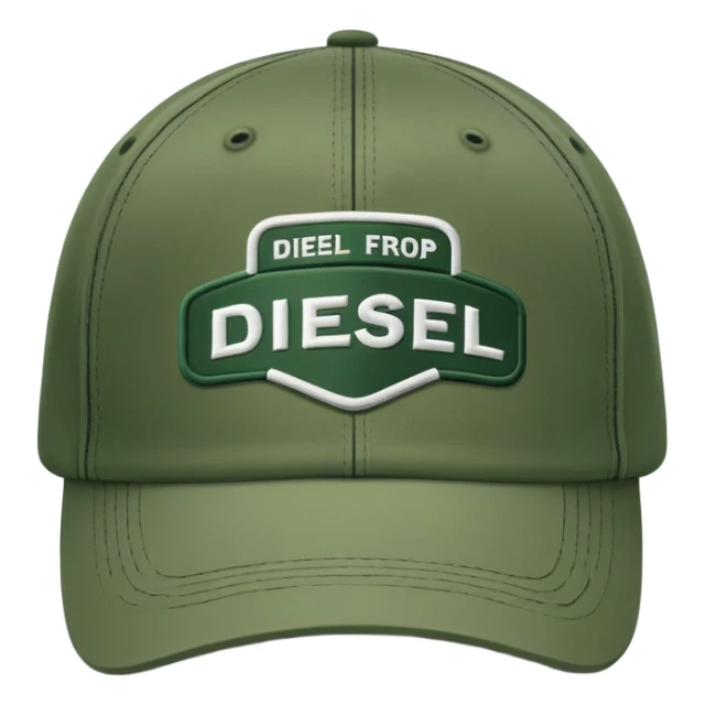 Deep army green Diesel cap, isolated hat with white handwritten Diesel text and the brand's logo below it, no human sticker