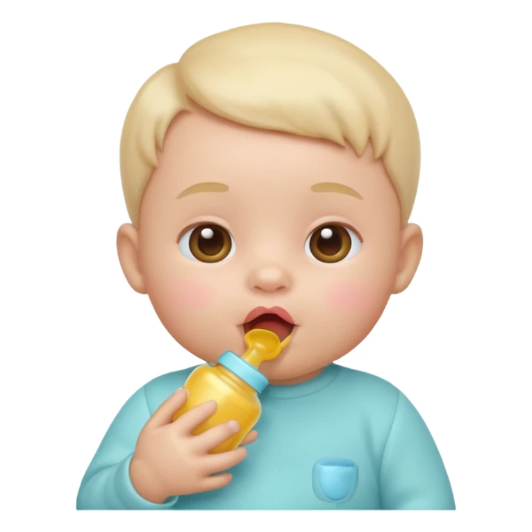Apple-style 3D emoji of a cute baby sucking on a pacifier or drinking from a baby bottle, round face, soft pastel colors, cheerful and gentle expression, clean white background sticker