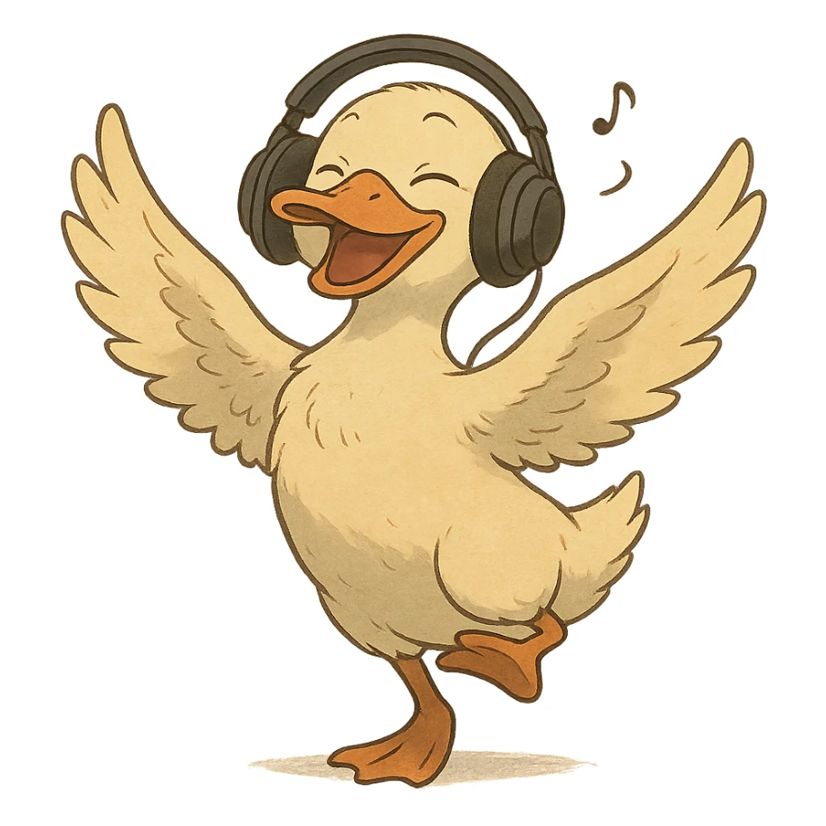 ghibli style duck dancing to dubstep with headphones sticker
