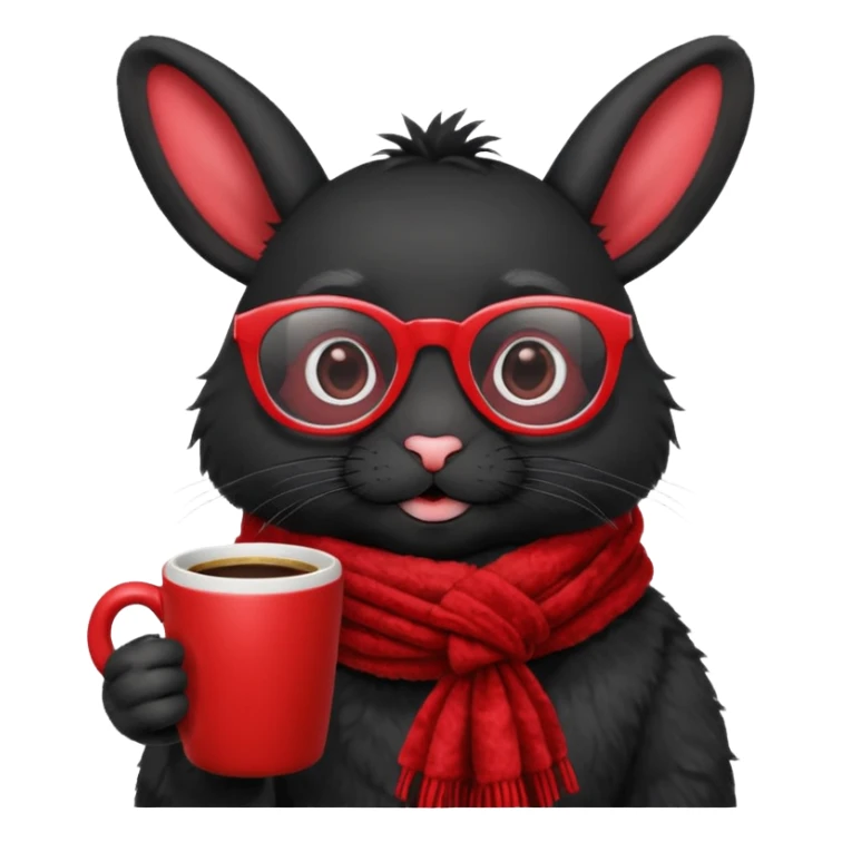 Black rabbit, wearing red glasses, red scarf, holding coffee mug
 sticker