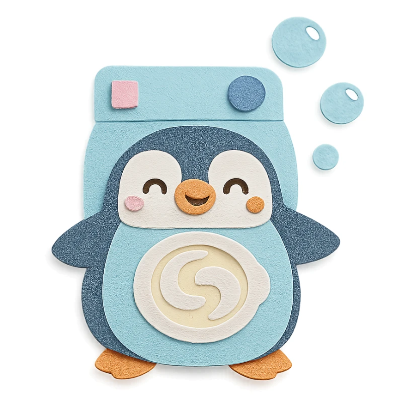 kawaii washing machine penguin spinning soap bubbles, happy face, pastel blue, full-body sticker