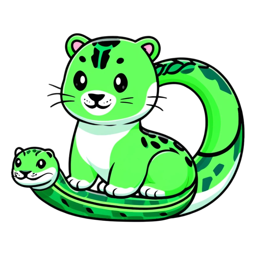 Minimalist Maya-style jaguar and snake as message symbols, white and deep green only, flat design with clean lines sticker