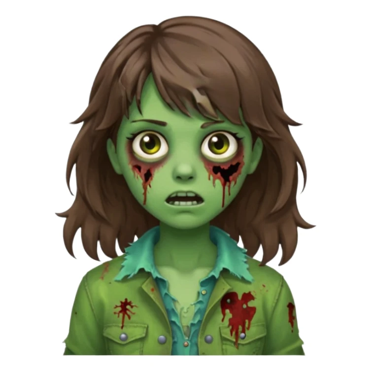 Uma menina zombie com um cabelo ondulado médio, com a franja pro lado esquerdo, o cabelo com cor castanho com a cor de pele verde  sticker