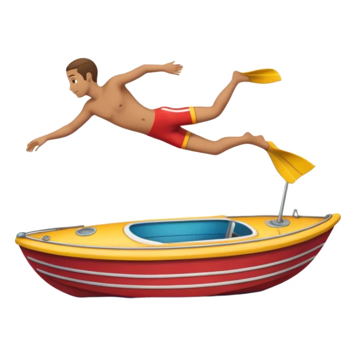 Emoji-style side view of boat with person diving off, rounded cute features, soft shading, colorful, PNG cutout sticker
