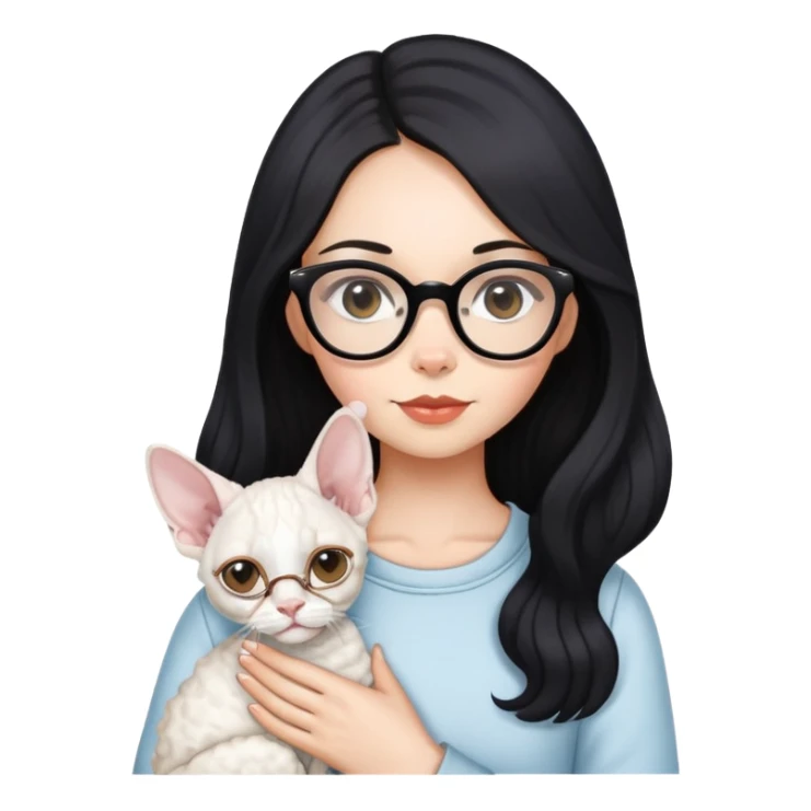 A girl with long black hair and glasses is holding a white Devon Rex sticker
