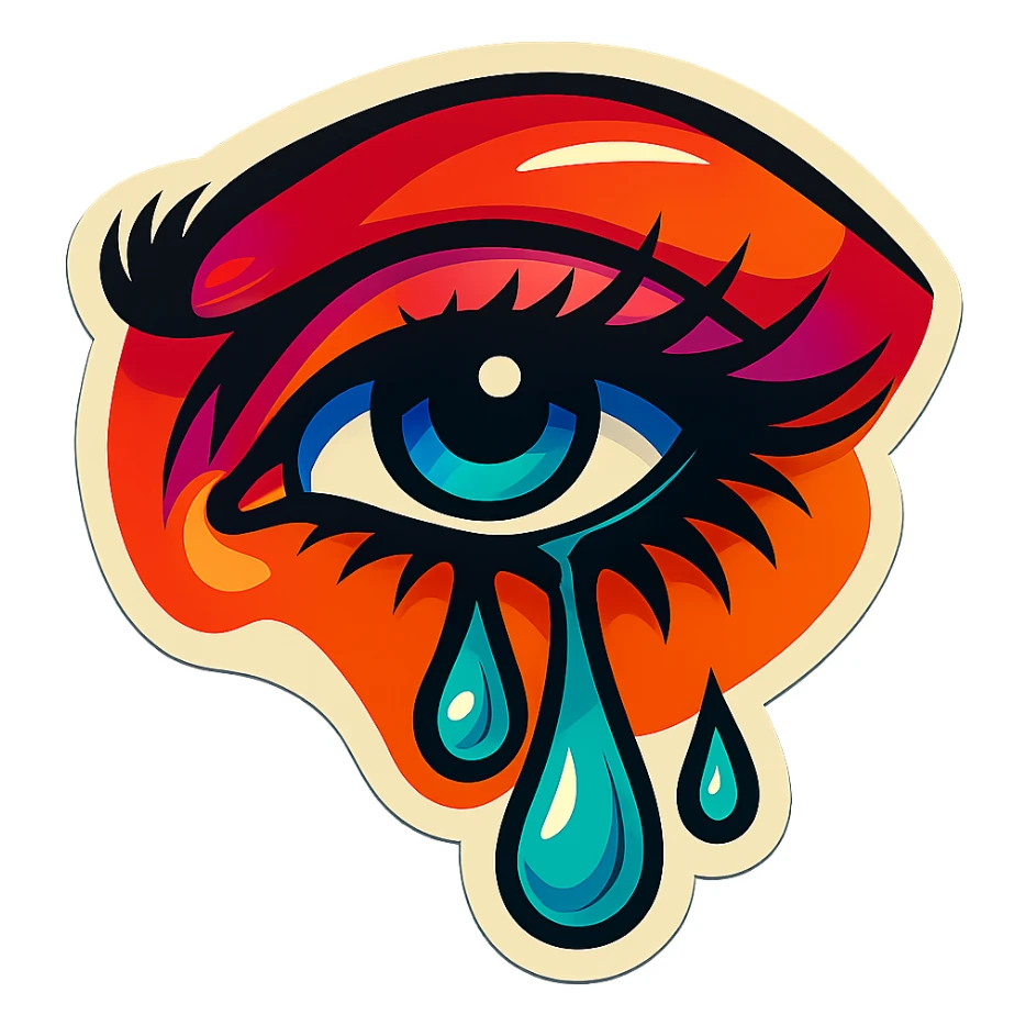 Add more color vibrancy, create a colored tear with shadows and highlights, add shadows and highlights on the eyebrows, keep the dark beautiful female eyes with eyelashes, maintain sharp black outlines, in retro stickers style, no gradients, only sharp color transitions. sticker