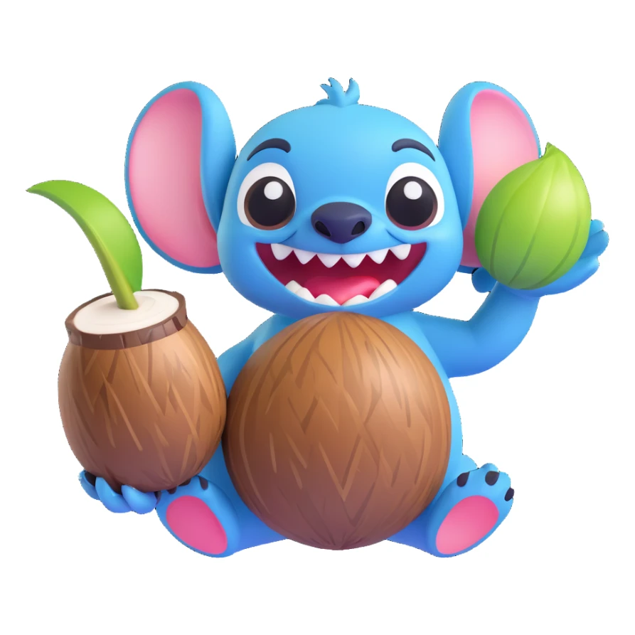 Stitch holding a coconut, grinning mischievously, 3D emoji style sticker