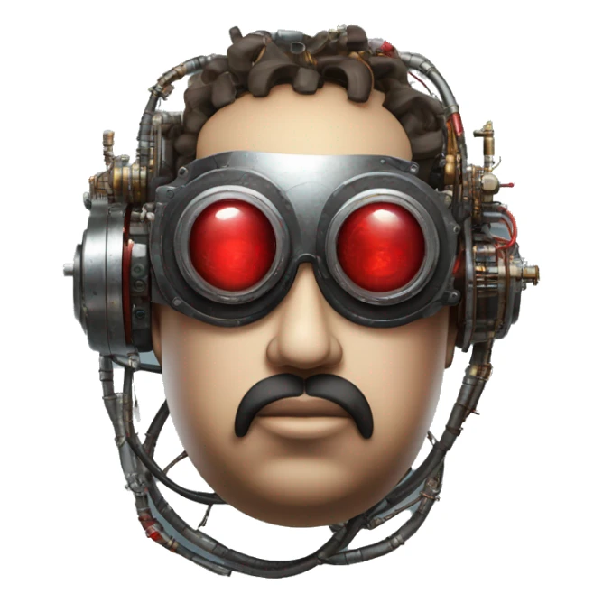 Fat cyborg head with red steampunk goggles, black goatee and circuits sticker