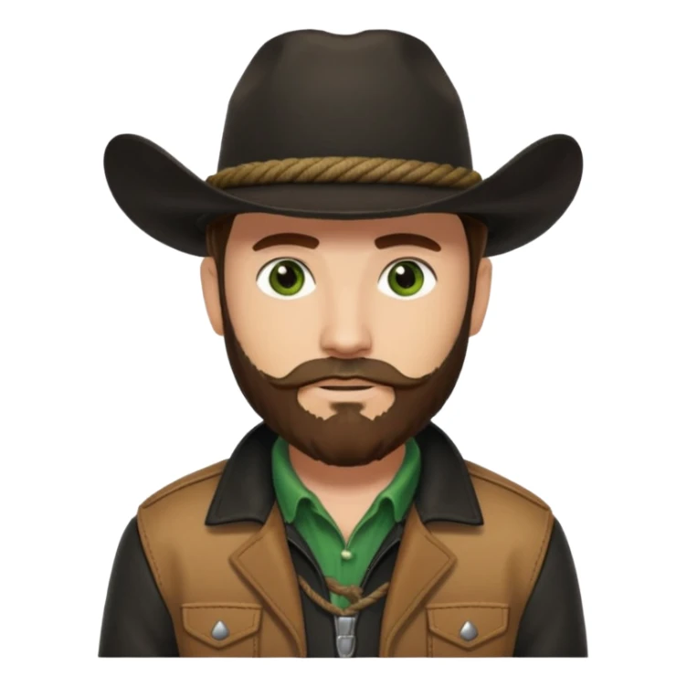 yellowstone ranch cowboy with brown beard & green eyes, black cowboy hat with plain black rope and no jewel, black shirt, and leather tan jacket sticker