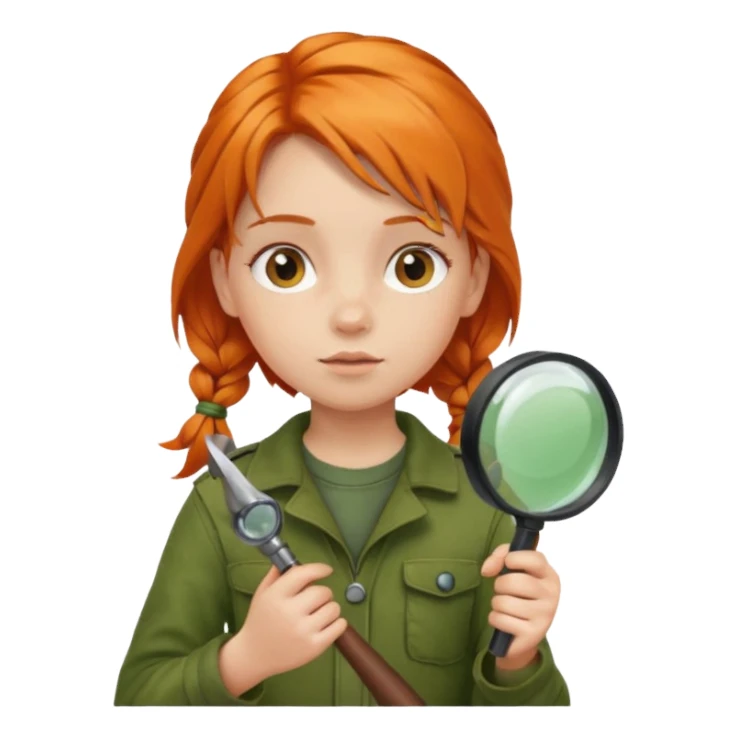 braid orange haired girl kid in moss green explorer outfit, holding magnifying glass sticker