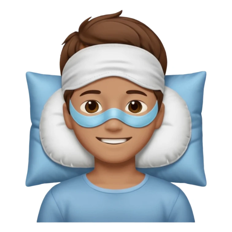 boy with a sleeping mask above head like a band 
 sticker