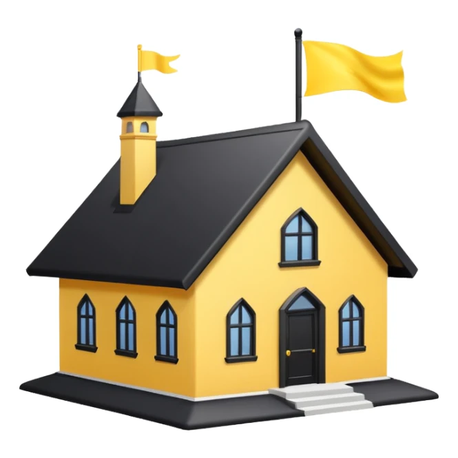 simple magic school, white background, magic school, black roof, with a big flag, big flag on a roof, big yellow flag, white school sticker