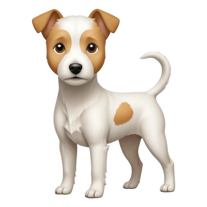 a full body facing front on of a buff white parson russell terrier looking dog the size of a kelpie with light brown long ears and a light brown patch on one eye and a large snout. the rest of the dog is completely white.  sticker