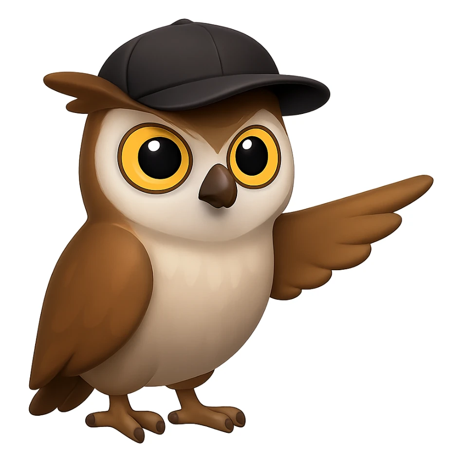 В стилистике эмоджи сгенерируй сову, она в кепке и позе Ленина уверенно показывает крылом в сторону, прозрачный фон sticker