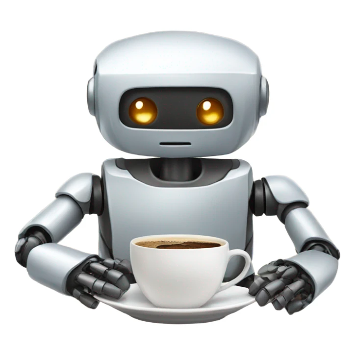robot with a cup of coffee sticker