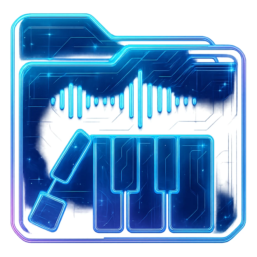 Transform the Polyphone logo into a cyberpunk, holographic style with glowing neon blue and pink edges. Add intricate circuit patterns throughout the entire icon, maintaining the recognizable keyboard and waveform design. Overlay neon and circuit effects in a futuristic, clean style consistent with cyberpunk glow and intricate circuit details. The background should be transparent to highlight the holographic and neon effects. sticker