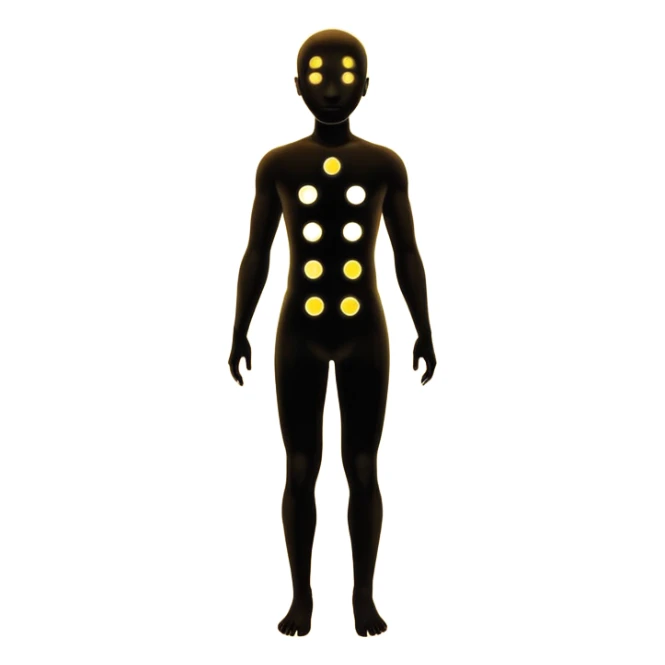 human silhouette with seven glowing dots along the body sticker