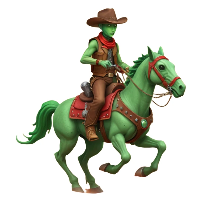 An alien cowboy riding a mechanical horse across a red Martian desert, two moons in the sky, dust storm swirling, wide cinematic shot, dramatic composition, hyper detailed, sci-fi western fusion sticker