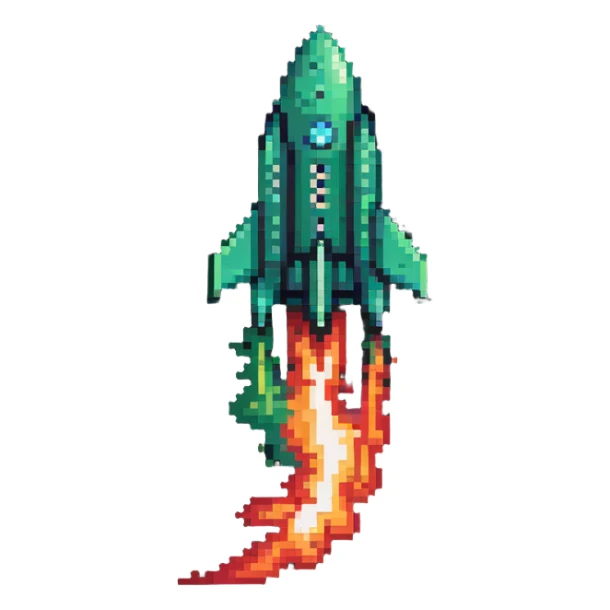 green to red gradient rocket flying diagonally to the upper right corner, with pixel art flame trail sticker