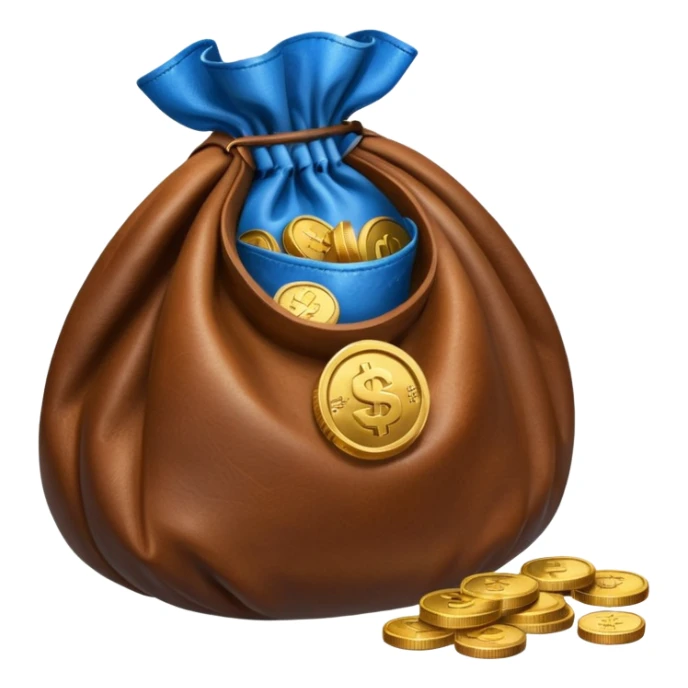 blue coins inside an opened brown money bag  sticker