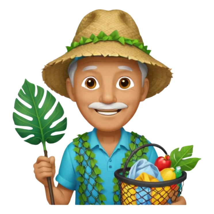 Hawaiian old man with leaf hat and big trash net and colorful cloth sticker