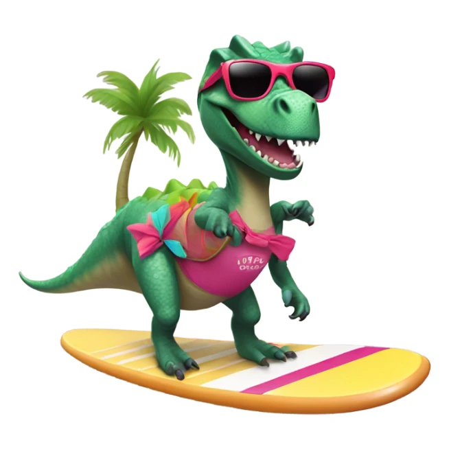 Dinosaur on a surfboard wearing a tutu and sunglasses sticker