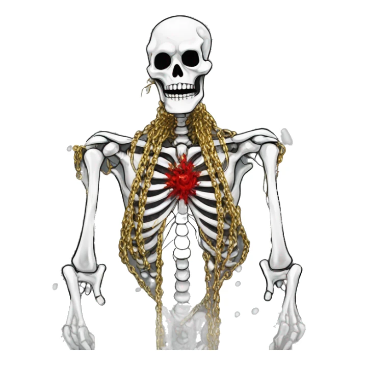 White skeleton zombie person covered in golden chains and black graffiti scribbles and red and silver doodles snowing snowflakes sticker