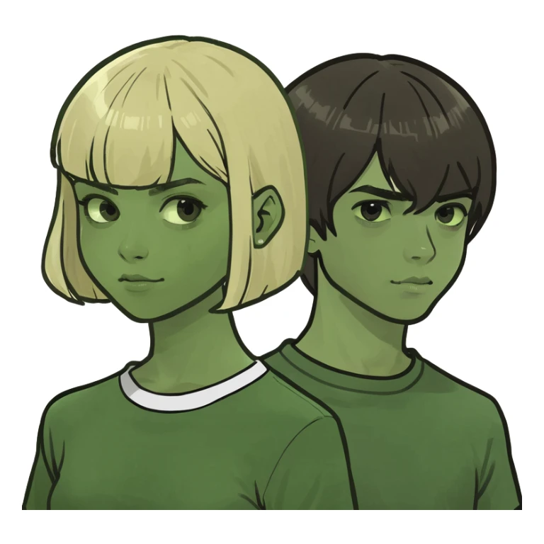 pareja chica con pelo largo marron oscuro liso , y chico con pelo tazon rubio sticker