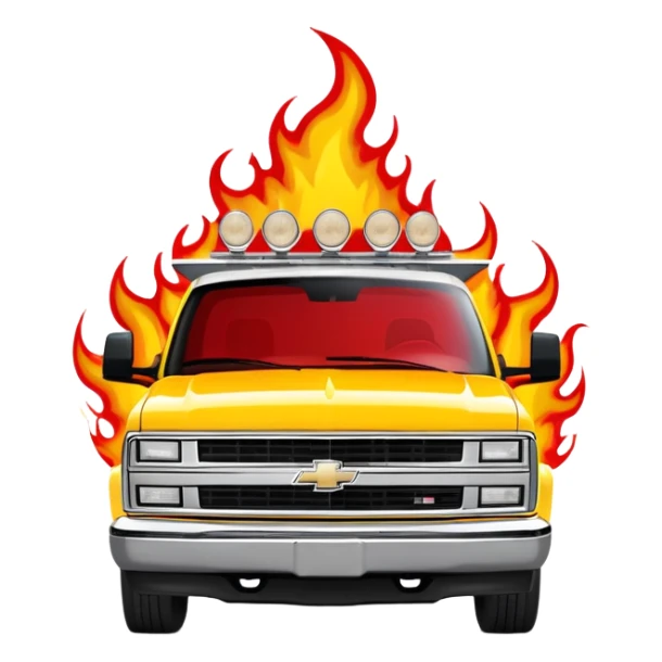 Yellow 1997 Chevrolet C-2500 Crew Cab with dramatic airbrushed red flame artwork flowing from front to sides, detailed flame design exactly like Kill Bill's Pussy Wagon, 30-degree view, iOS emoji style sticker