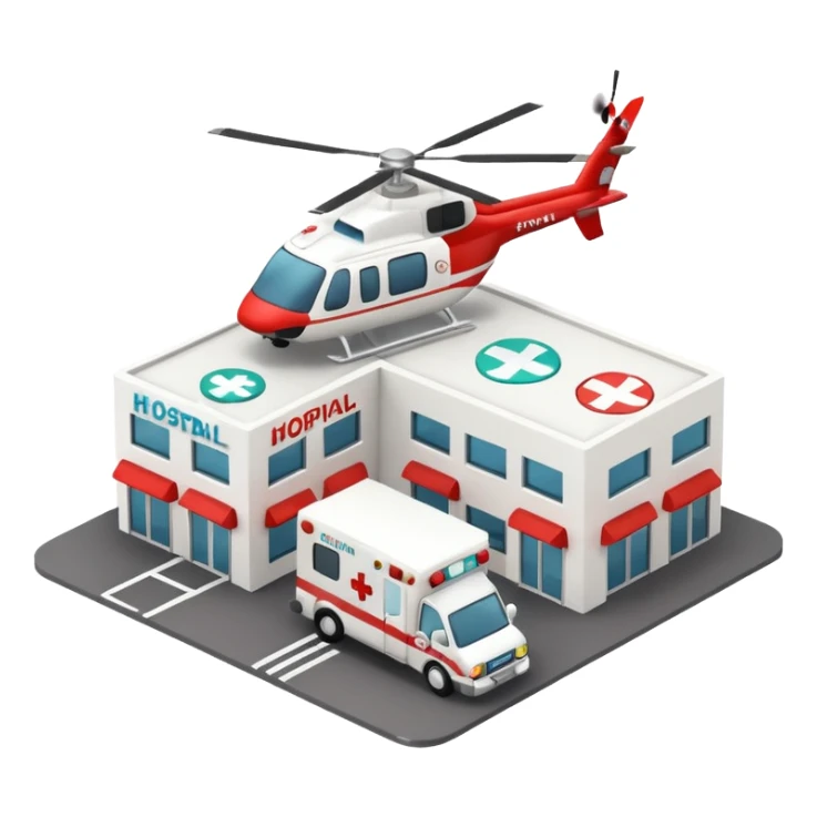 3d hospital outside, with text hospital, ambulance, helicopter , no background sticker